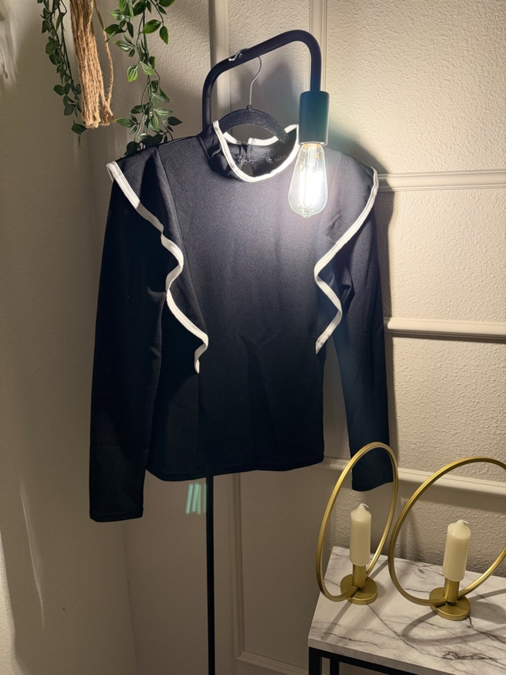 SHEIN Black Long Sleeve Top with White Ruffle Trim